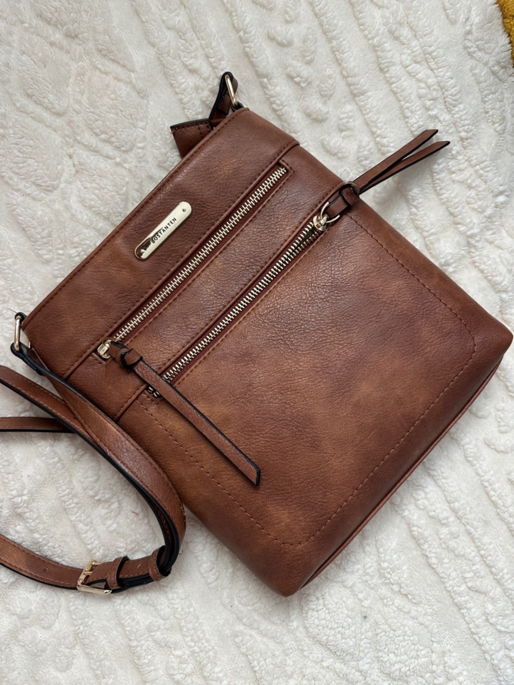 Brown Faux Leather Crossbody with Dual Zip Front Pockets